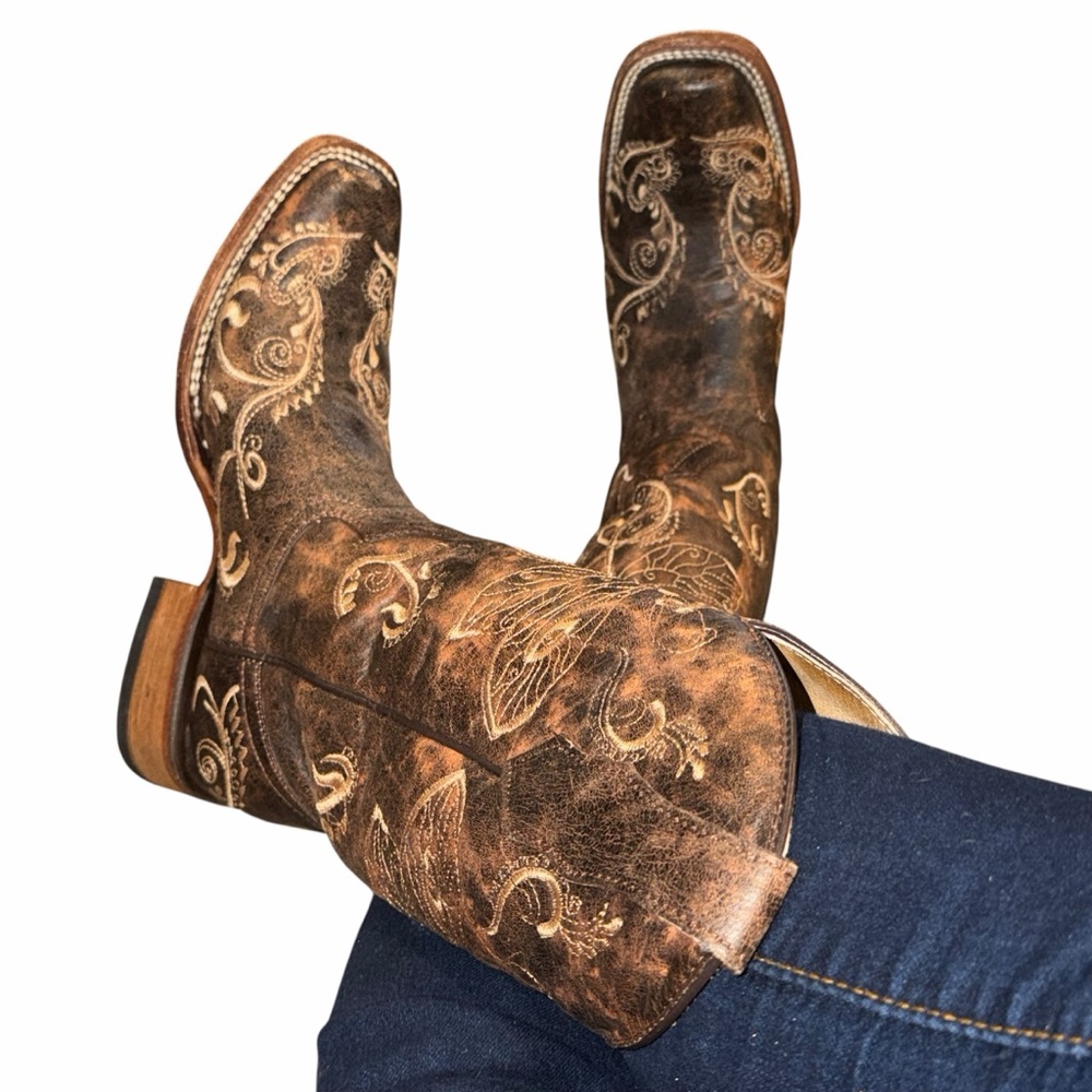 Circle G Brown Dragonfly Embroidered Square Toe Western Cowgirl Boots - Size 6.5 - Picture 6 of 15